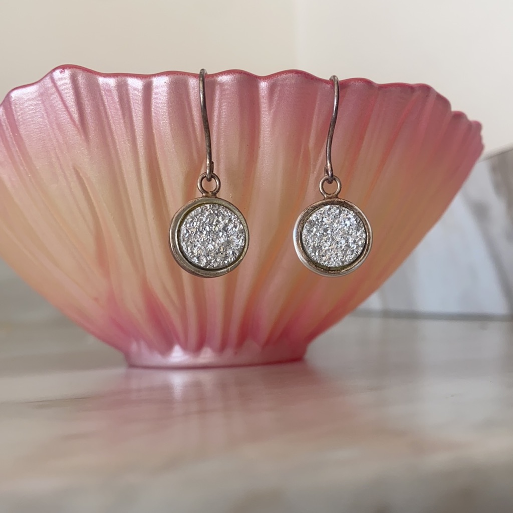 Druzy Button Silver Dangle Sparkle Sterling Silver Earrings Set